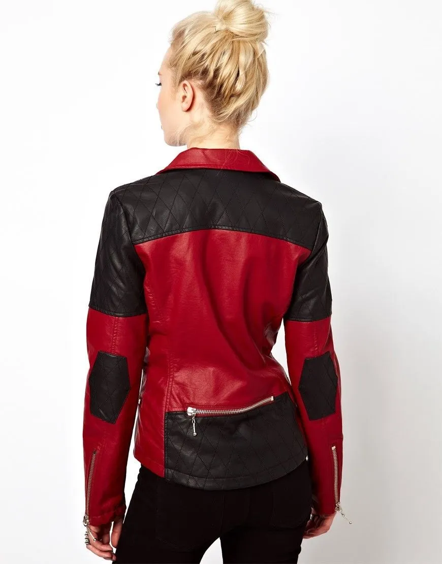 Women’s Red and Black Multi Color Leather Jacket WJ023