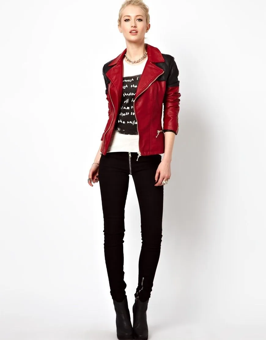 Women’s Red and Black Multi Color Leather Jacket WJ023
