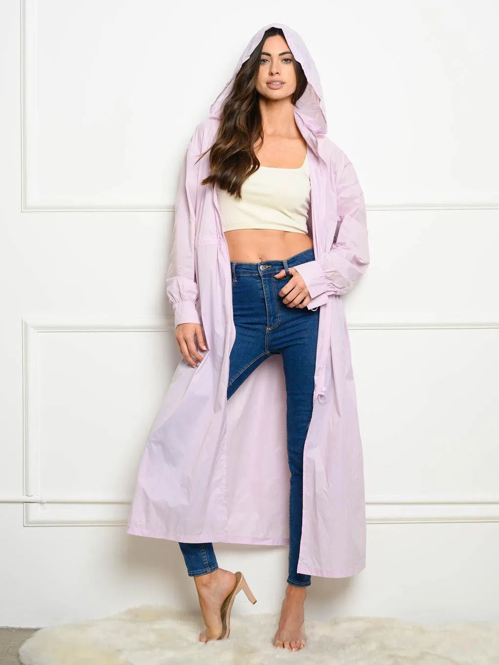 WOMEN'S ZIPPER CLOSURE HOODED RAINCOAT