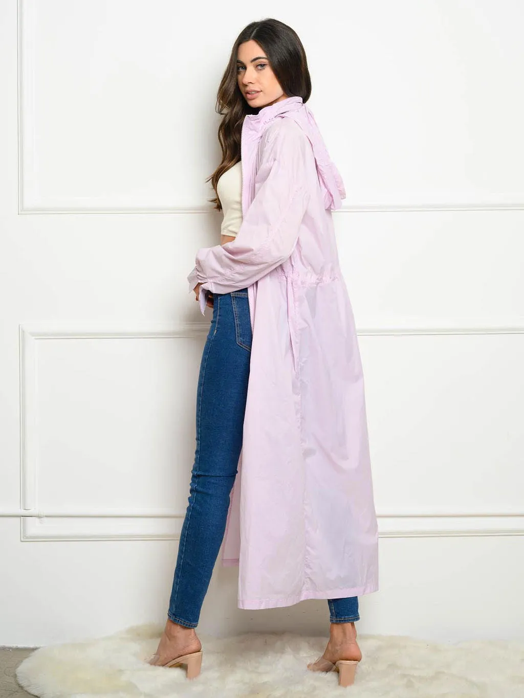 WOMEN'S ZIPPER CLOSURE HOODED RAINCOAT