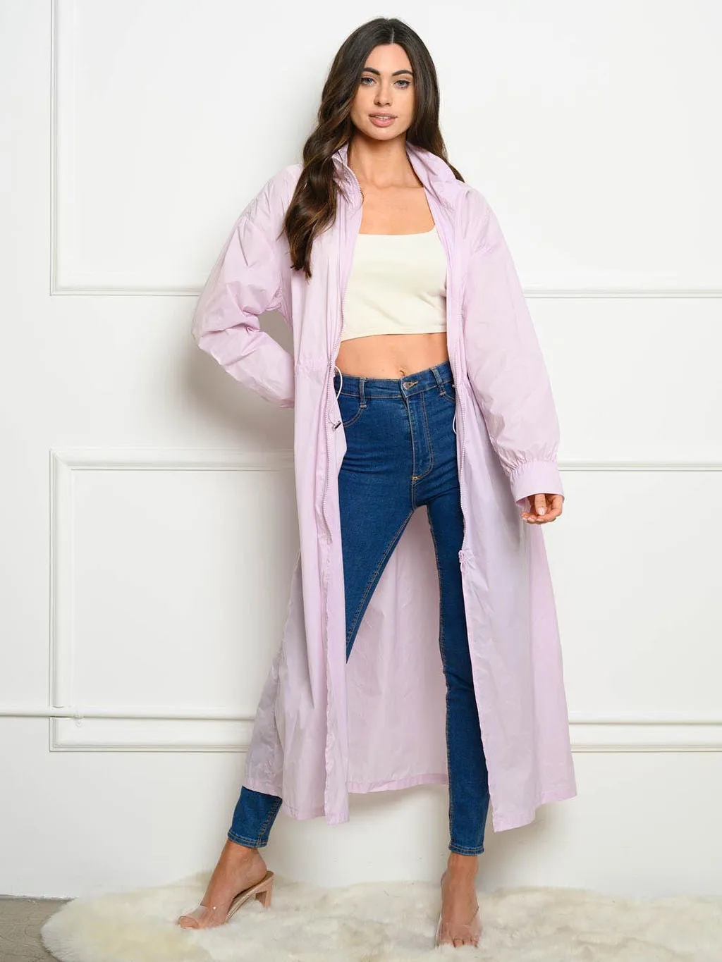WOMEN'S ZIPPER CLOSURE HOODED RAINCOAT