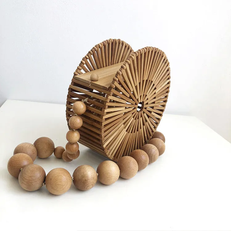 Wood Bead Shoulder Bag, Woven Circular, Round Bamboo Crossbody Totes Vintage Summer Beach Clutch