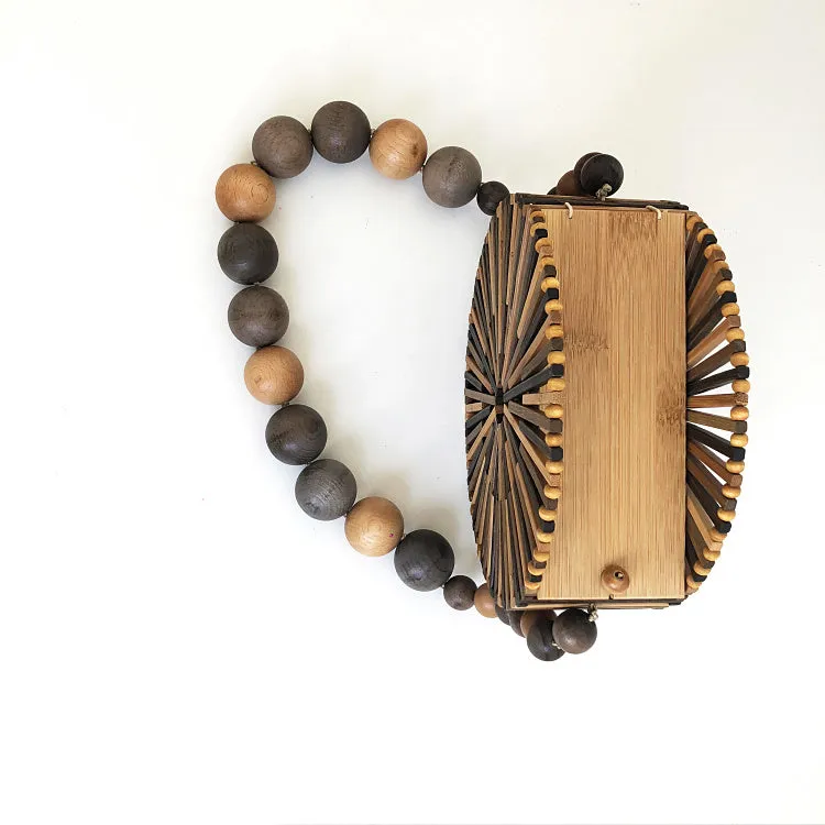 Wood Bead Shoulder Bag, Woven Circular, Round Bamboo Crossbody Totes Vintage Summer Beach Clutch