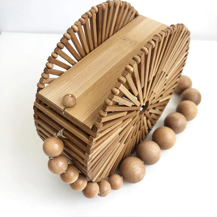 Wood Bead Shoulder Bag, Woven Circular, Round Bamboo Crossbody Totes Vintage Summer Beach Clutch