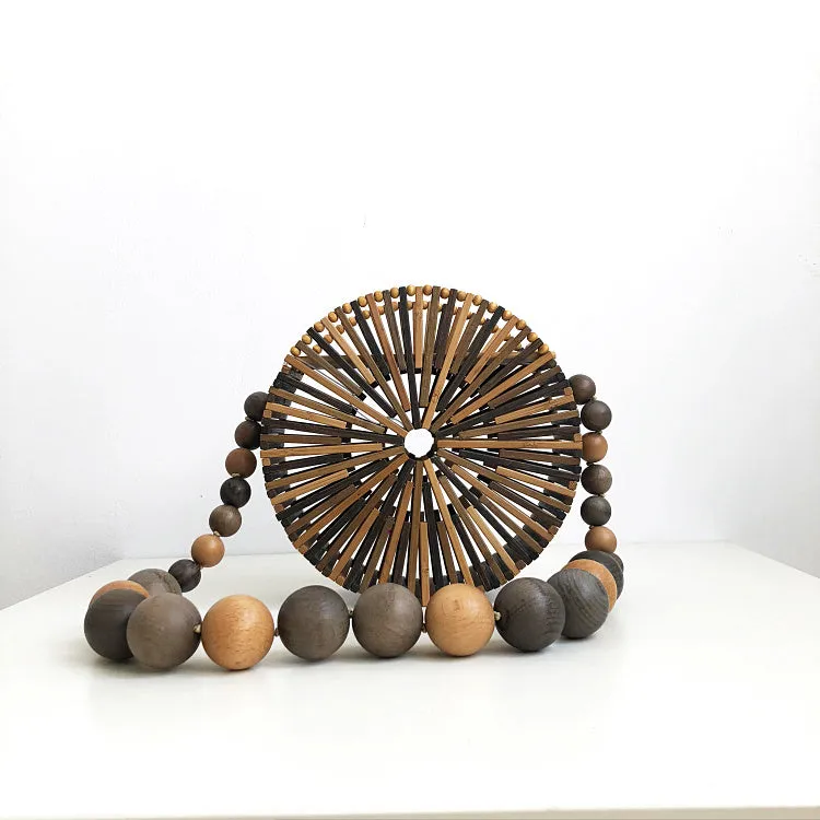 Wood Bead Shoulder Bag, Woven Circular, Round Bamboo Crossbody Totes Vintage Summer Beach Clutch