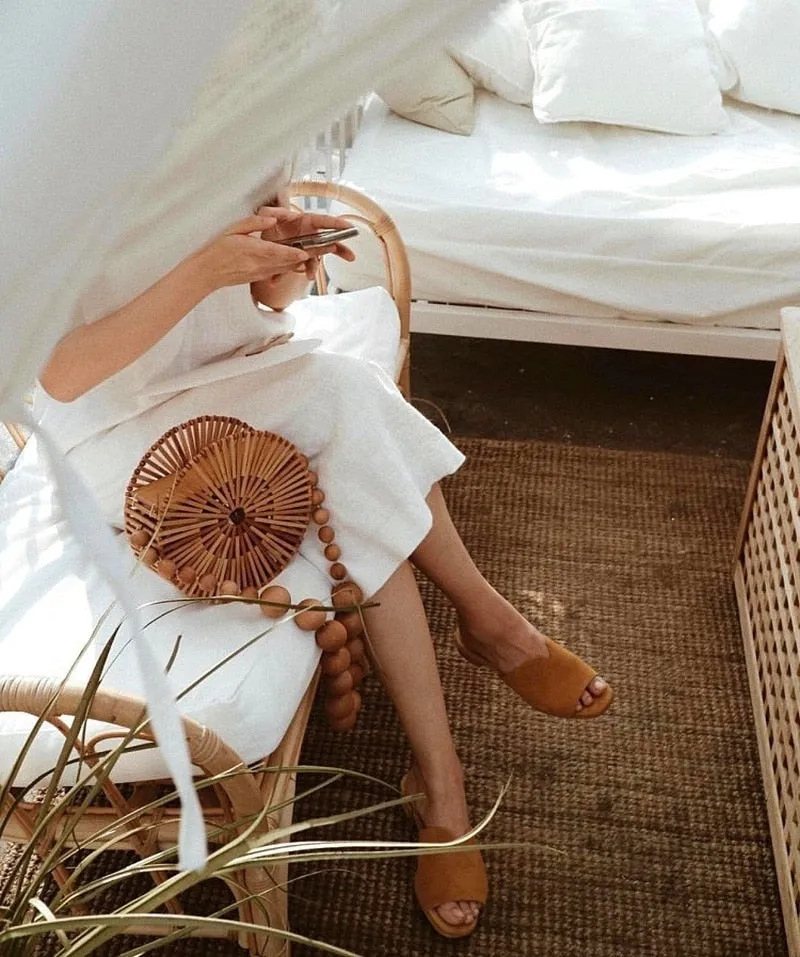 Wood Bead Shoulder Bag, Woven Circular, Round Bamboo Crossbody Totes Vintage Summer Beach Clutch