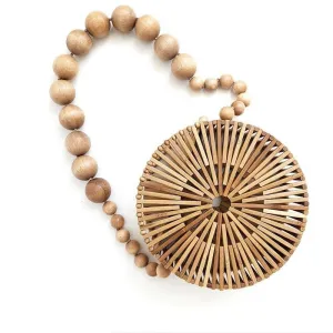 Wood Bead Shoulder Bag, Woven Circular, Round Bamboo Crossbody Totes Vintage Summer Beach Clutch