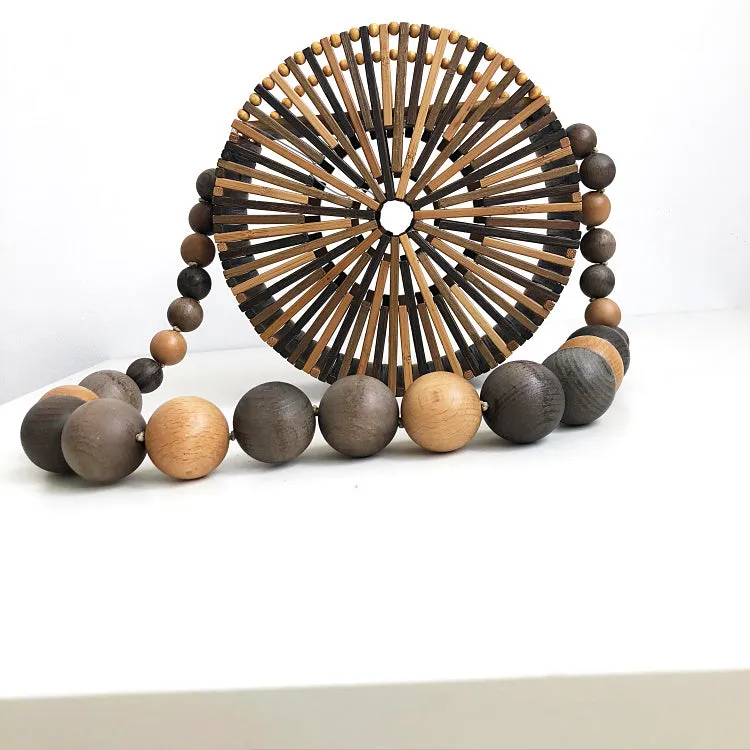 Wood Bead Shoulder Bag, Woven Circular, Round Bamboo Crossbody Totes Vintage Summer Beach Clutch