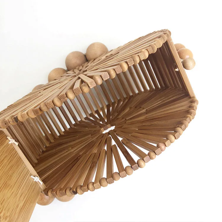 Wood Bead Shoulder Bag, Woven Circular, Round Bamboo Crossbody Totes Vintage Summer Beach Clutch