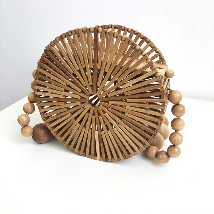 Wood Bead Shoulder Bag, Woven Circular, Round Bamboo Crossbody Totes Vintage Summer Beach Clutch