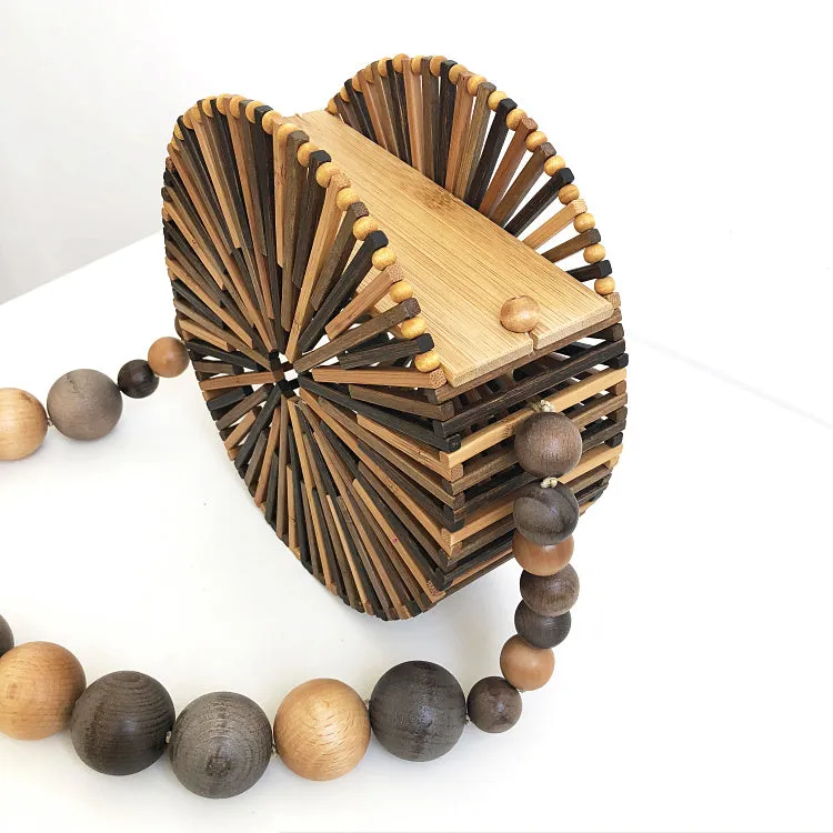 Wood Bead Shoulder Bag, Woven Circular, Round Bamboo Crossbody Totes Vintage Summer Beach Clutch