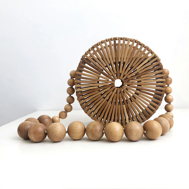 Wood Bead Shoulder Bag, Woven Circular, Round Bamboo Crossbody Totes Vintage Summer Beach Clutch