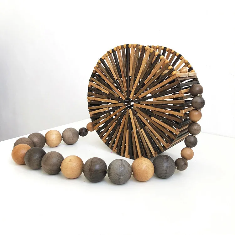 Wood Bead Shoulder Bag, Woven Circular, Round Bamboo Crossbody Totes Vintage Summer Beach Clutch