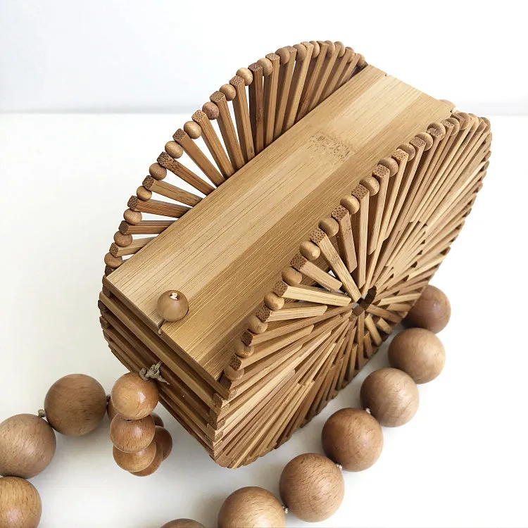 Wood Bead Shoulder Bag, Woven Circular, Round Bamboo Crossbody Totes Vintage Summer Beach Clutch