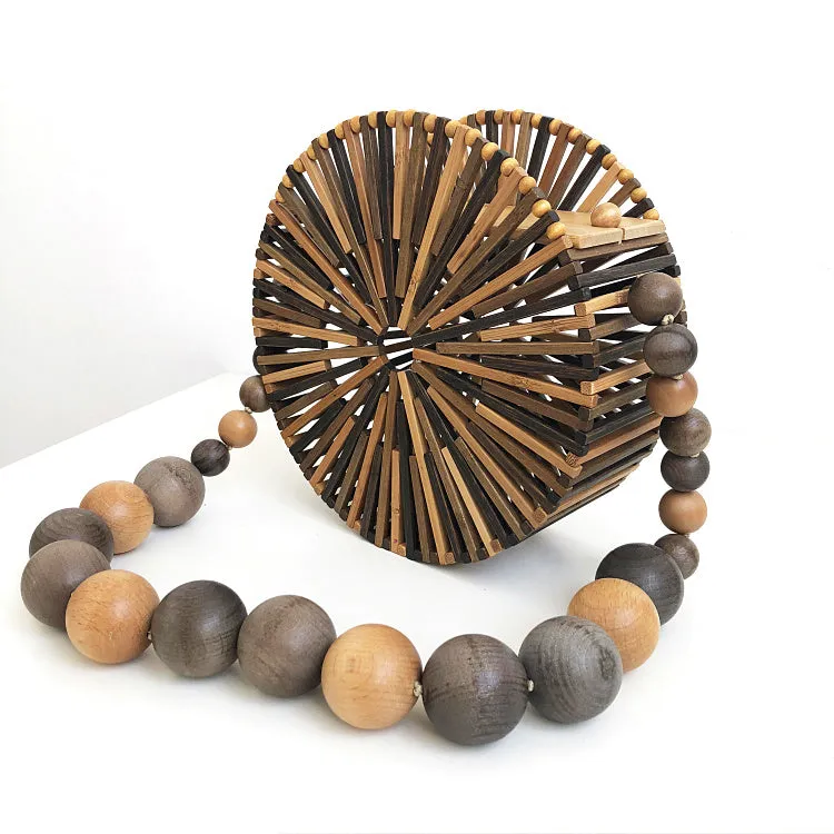 Wood Bead Shoulder Bag, Woven Circular, Round Bamboo Crossbody Totes Vintage Summer Beach Clutch