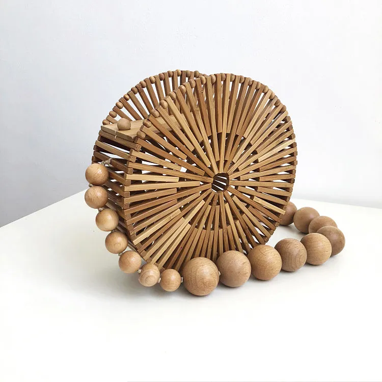 Wood Bead Shoulder Bag, Woven Circular, Round Bamboo Crossbody Totes Vintage Summer Beach Clutch