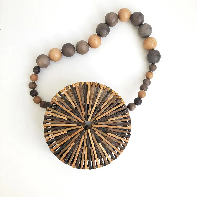 Wood Bead Shoulder Bag, Woven Circular, Round Bamboo Crossbody Totes Vintage Summer Beach Clutch