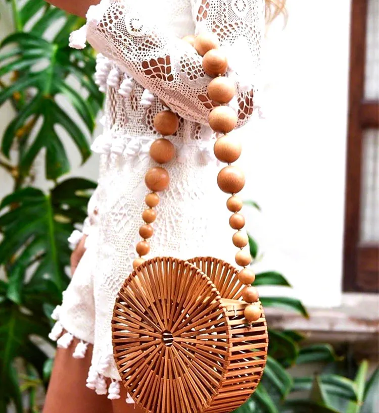 Wood Bead Shoulder Bag, Woven Circular, Round Bamboo Crossbody Totes Vintage Summer Beach Clutch
