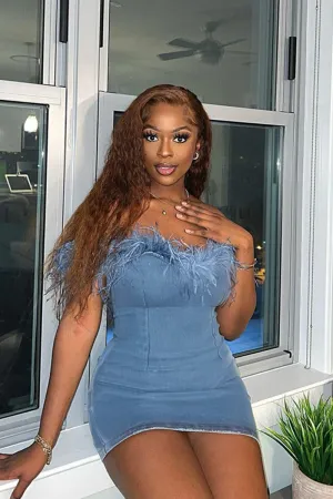 WY23099off-Shoulder Burr Sheath Denim DressinsEuropean and American Style New Hot Girl Large Size Skirt Women