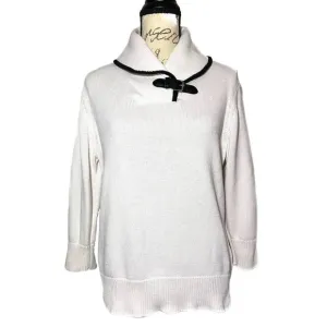 XL Chaps Ralph Lauren Knit Shawl Collar Buckle 3/4 Sleeve Pullover Sweater White