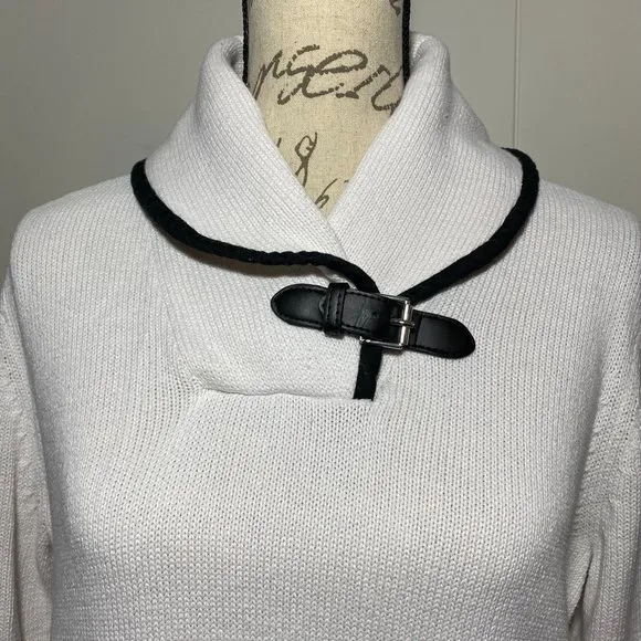 XL Chaps Ralph Lauren Knit Shawl Collar Buckle 3/4 Sleeve Pullover Sweater White