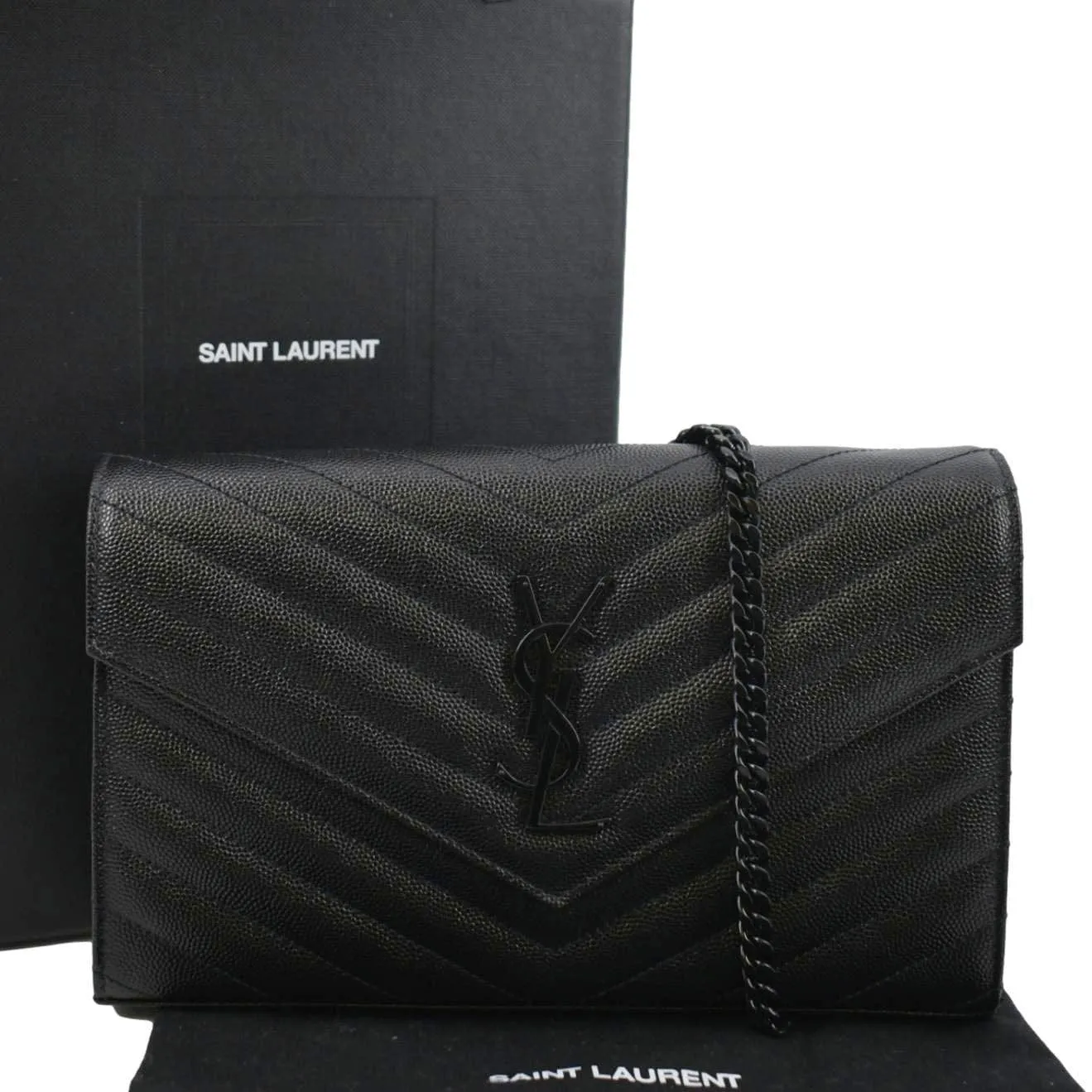 YVES SAINT LAURENT Cassandre Chain Wallet Leather Crossbody Bag Black