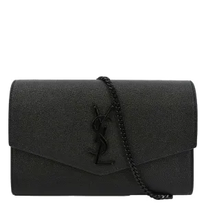 YVES SAINT LAURENT Uptown Gain De Poudre Embossed Leather Crossbody Chain Wallet Black
