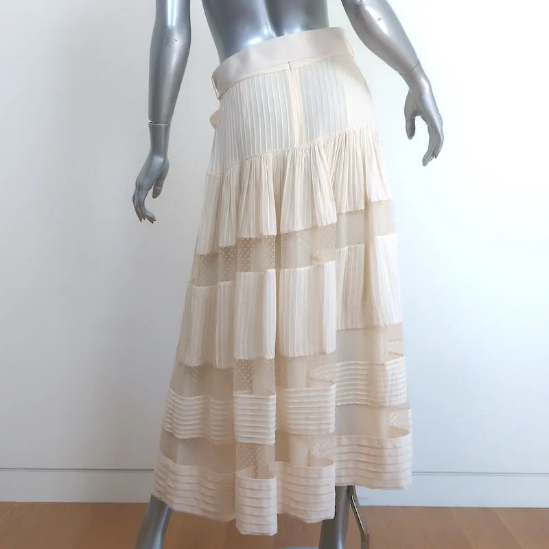 Zimmermann Spliced Mesh Midi Skirt Ivory Pintucked Georgette Size 2