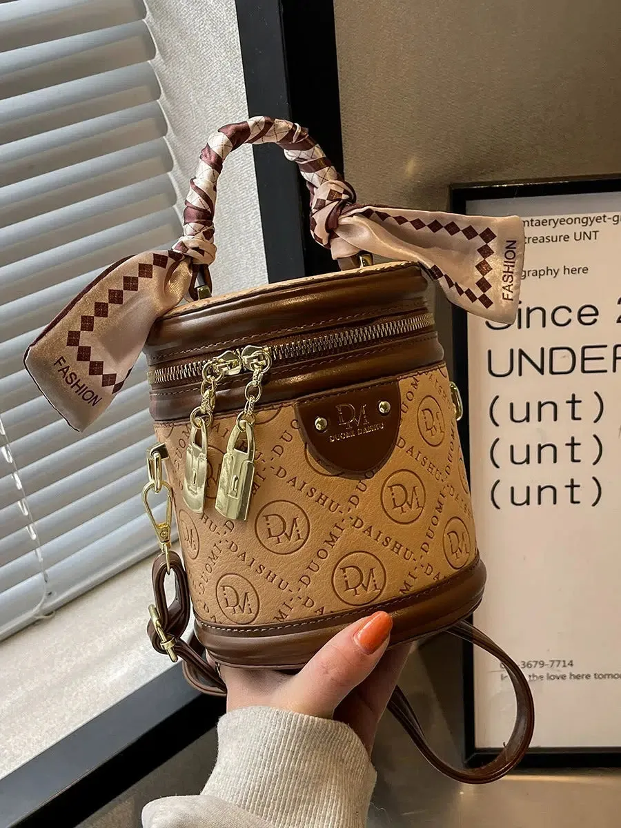 Zipper Closure Embossed Bucket Handbag
